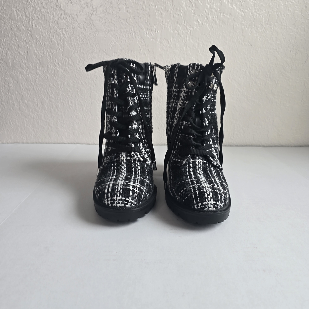 Jennifer Lopez Black and White Tweed Combat Boots